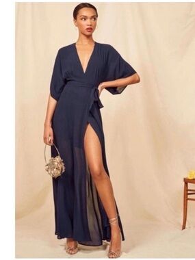 Reformation Winslow Maxi Wrap Navy Dress